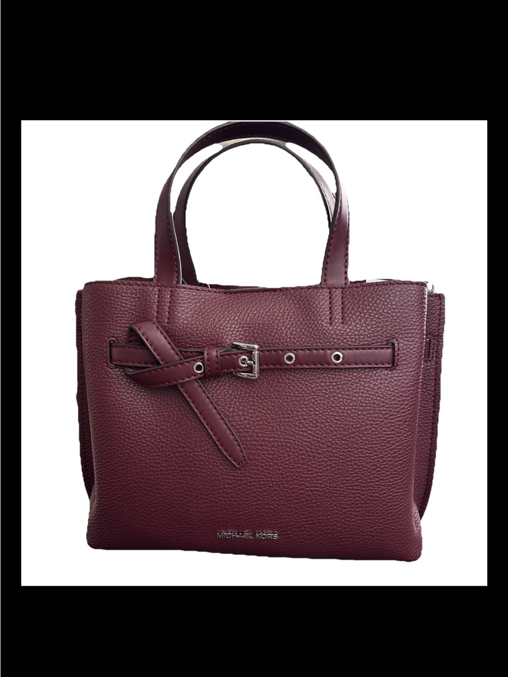 Michael Kors Burgundy Pebbled Leather Satchel with Buckle Strap